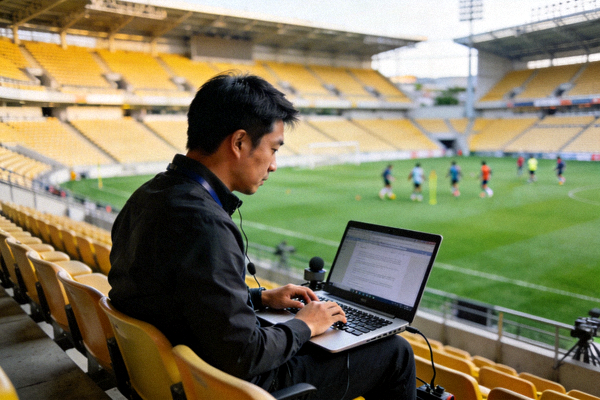 体育记者在笔记本电脑前撰写深度报道，背景是球场